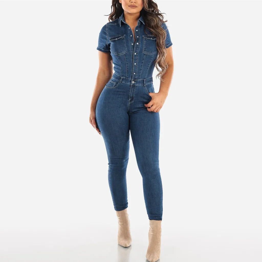 Womens' Jeans Button Tight Fit Fitting Casual Distressed Pants Jumpsuits Short Sleeves Jumpsuit Slim-Fit Long Trousers Mujer