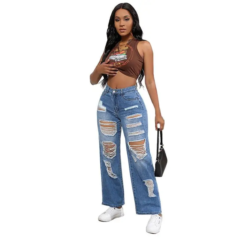 High Waist Ripped Jeans for Women European Straight Leg Blue Cotton High Elastici Faionable Tear Jeans Women's High Waist