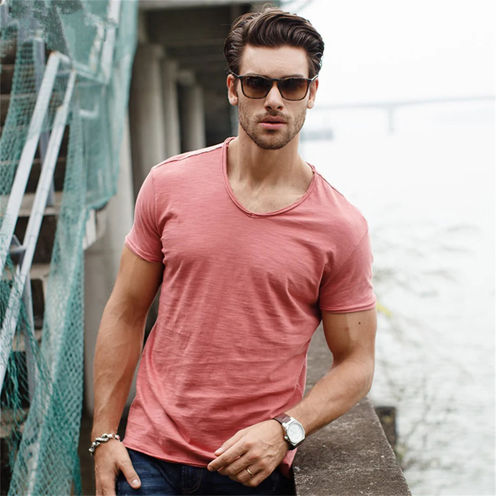 Men Short Sleeve Cotton Men T-shirt V-neck Fashion Design Slim Fit Soild T-shirts Male Tops Tees Short Sleeve T Shirt O-neck For Men