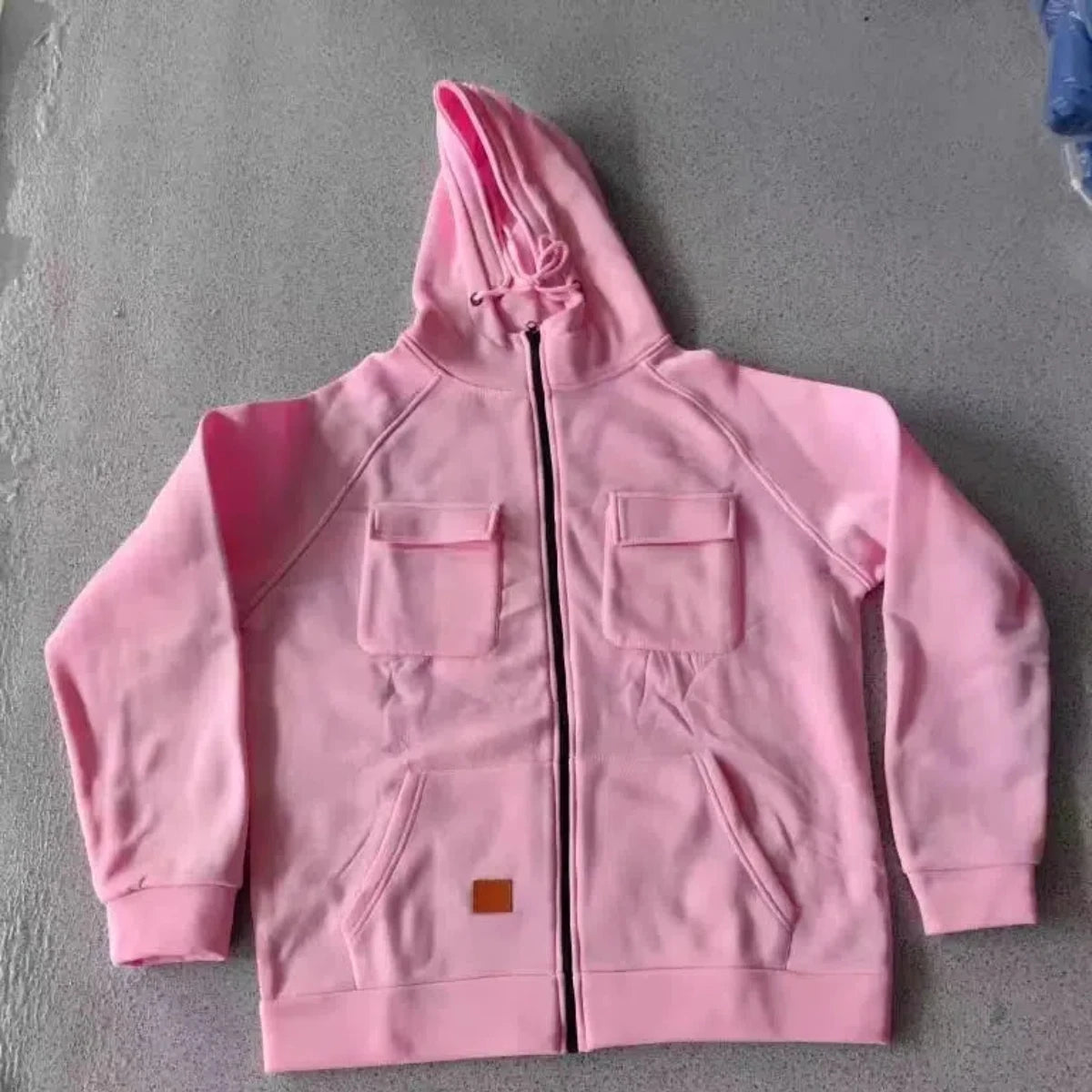 JUMPER Solid-Color Zipper Pullover Hooded Sweater Casual Loose Street-Style Multi-Pocket Hooded Sports Coat