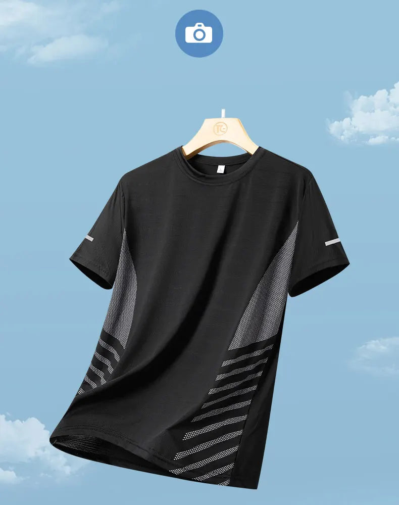 T-shirt Men Summer Ice Silk Thin Top Reflective Printing Quick Dry Short Sleeve Breathable Fitness Sports T-shirt 5XL