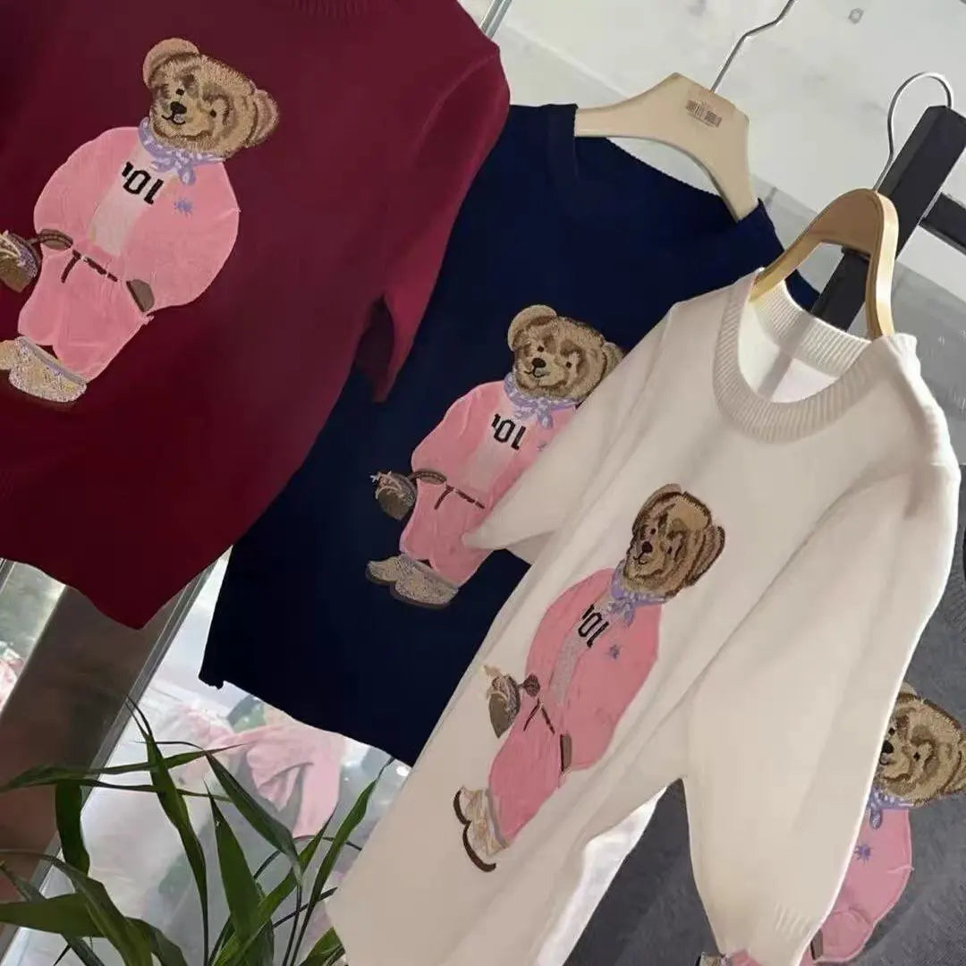 European Style Luxury Brand Loose O-Neck Bear Pullover Tops Knitwear Woman Short Sleeve T-shirt Ladies Wool Knitted Sweater