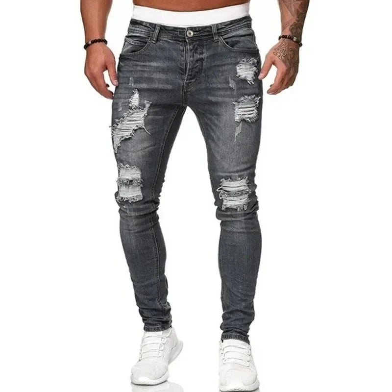Men Vintage wash Solid Denim Trouser Mens Casual Slim fit pencil denim Pants hot sale