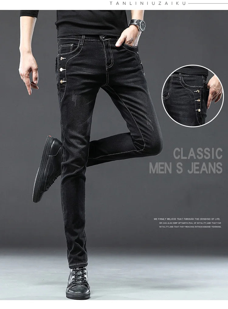 Men's Designer Jeans Snowflake Grey Wash Korean Fashion Stretch Pants Multi-button Denim Trousers