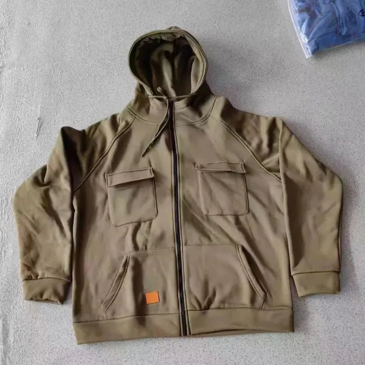JUMPER Solid-Color Zipper Pullover Hooded Sweater Casual Loose Street-Style Multi-Pocket Hooded Sports Coat