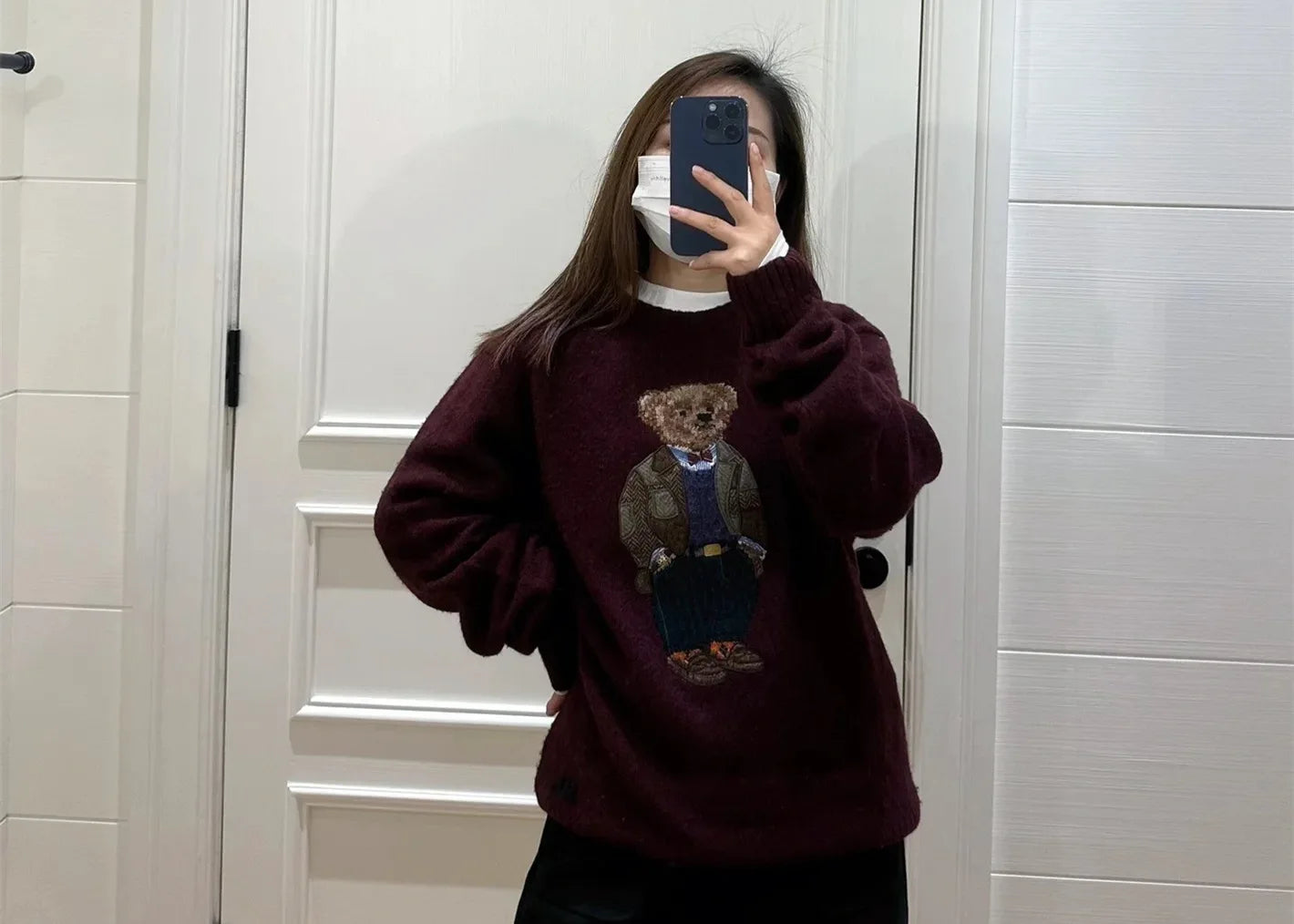 New autumn and winter RL bear cashmere round neck knitted long sleeved fashionable wool embroidered bear cartoon sweater