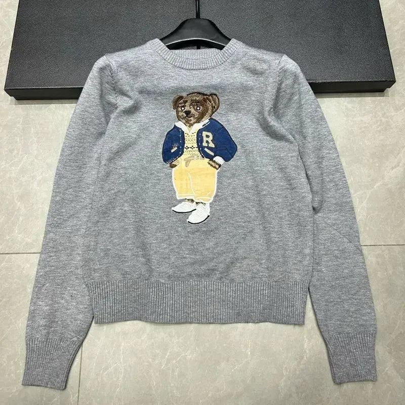 European Style Luxury Loose O-Neck Bear Pullover Women Autumn Winter Fashion Womens Tops Casual Ladies Knitted T-shirt Sweater
