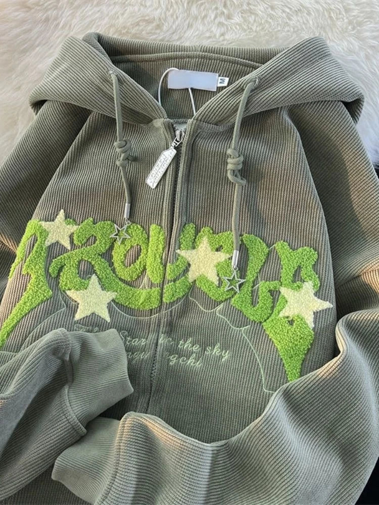 Hoodies Women Fashion Embroidery Zip Up Autumn Long Sleeve Tops Loose Hood Shirt Harajuku Y2K Clothes Female Sweatshirt Jacket