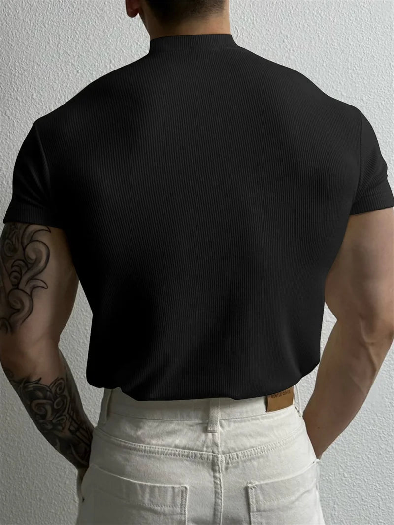 T-shirt Small high collar stripe shirt short sleeve fitness top leisure sport T-shirt Men sportswear