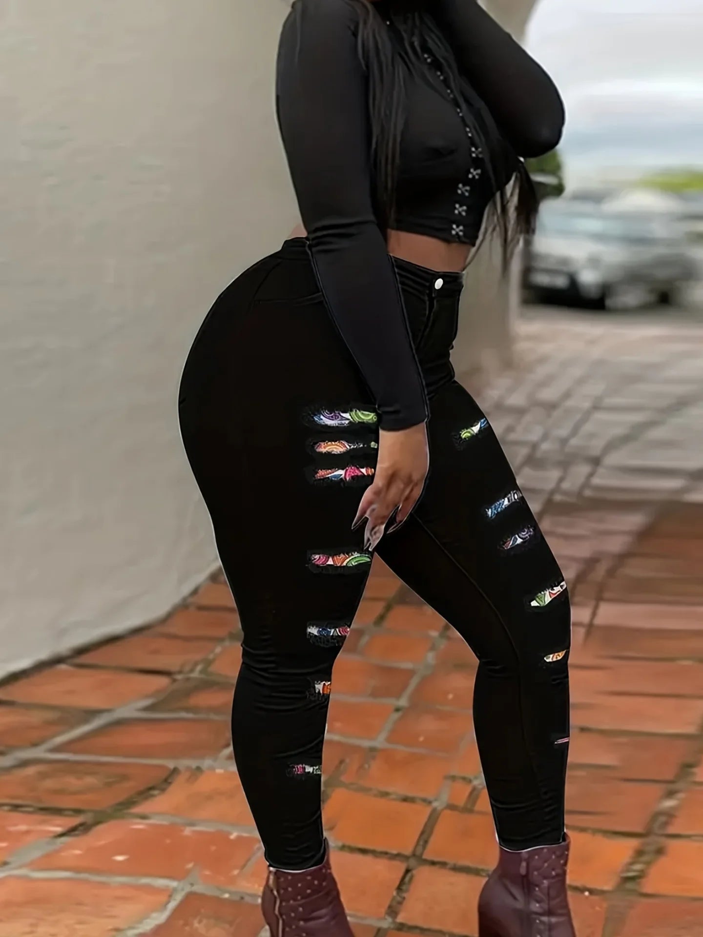 Women's plus size American sexy jeans, high stretch slim-fit pencil jeans, black color-blocked ripped slim-fit jeans