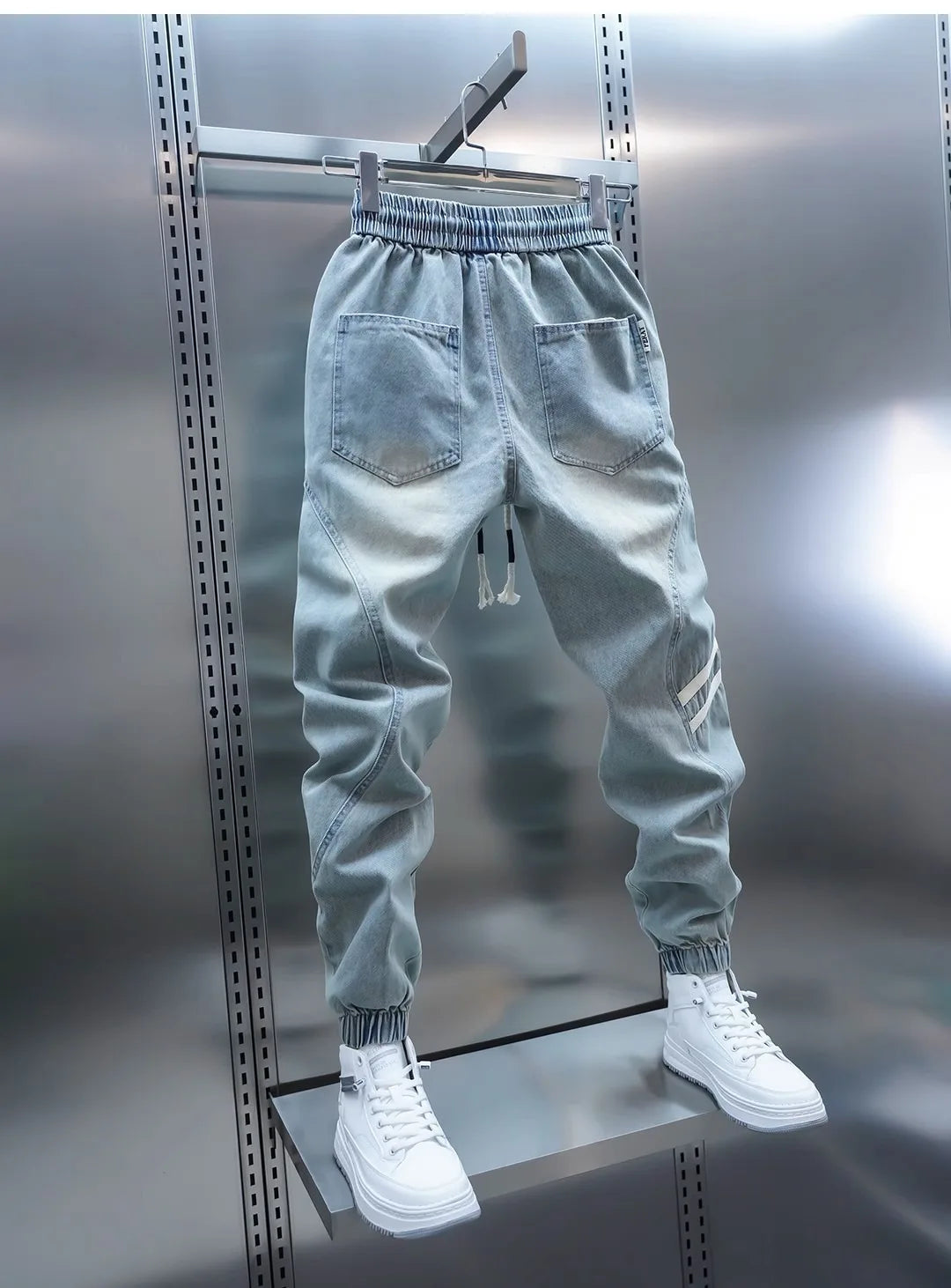 Men's Summer Slim Fit Jeans Light Blue Elastic Waist Patchwork Casual Pants Tapered Leg Jeans Harlan Sle Breathable Comfort...