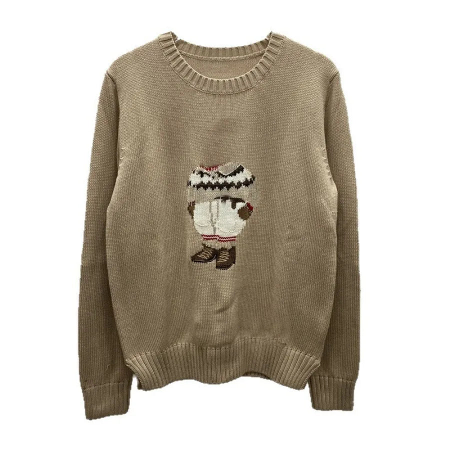 Soft Cotton Knit Sweater Women's Bear Embroidery Round Neck Top Autumn Winter Comfortable Wear Casual Embroidery Pullover