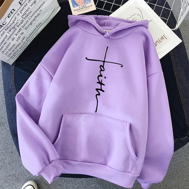 Women'S Fall Winter Hooded Streetwear Faith Print Back Hoodies Casual Drawstring Long Sleeve Kangaroo Pocket Sweatshirt Clothing