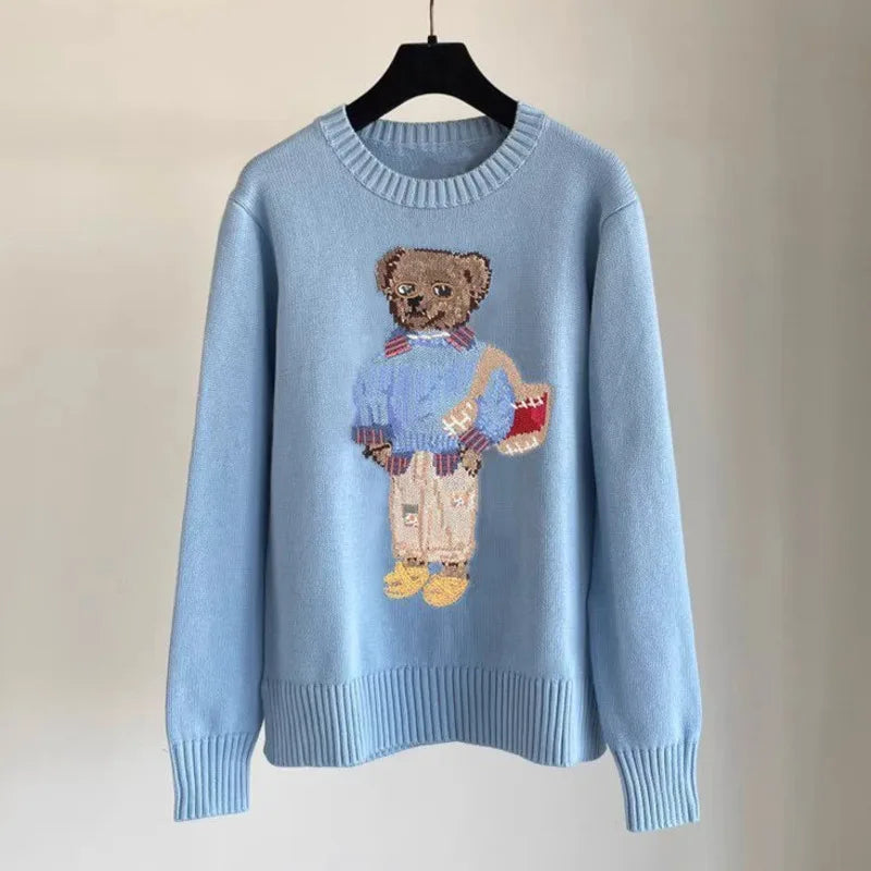 High Quality French Vintage Luxury Bear Jacquard Sweater For Women Autumn New Fashion Korean Casual Loose Pullover Knitted Tops