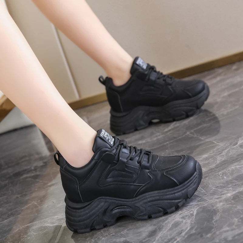Women Sneakers Lace-Up Thick Bottom Vulcanize Shoes Woman Pu Leather Breathable Sports Shoes Ladies