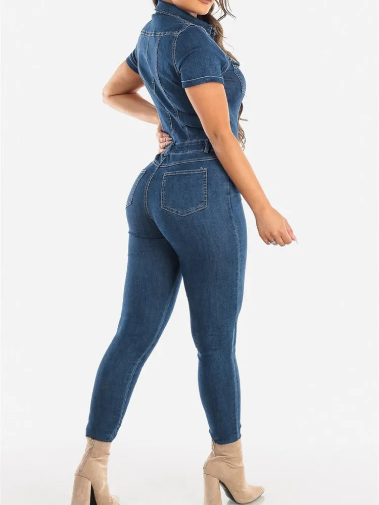 JRRY Sexy Women Denim Jumpsuits Short Sleeve Turn Down Collars Buttons Pockets Denim Bodysuit