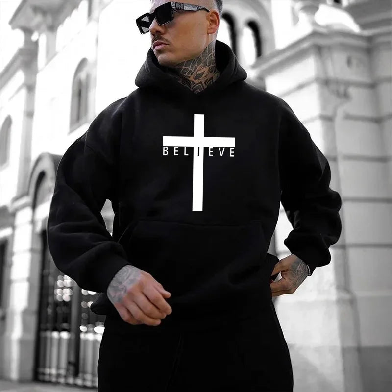 Men's Jesus Cross Print Hoodie, Street Style, Casual, Urban Fashion, Unisex Hoodie, Autumn/Winter Long-Sleeved Hoodie