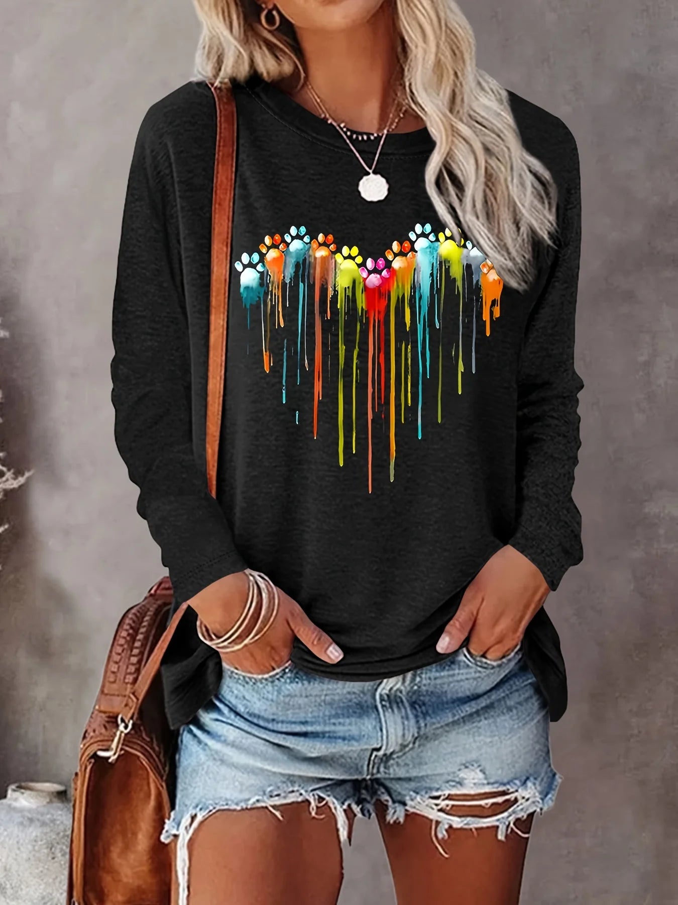 Faith Print Crew Neck T shirt Casual Long Autumn winter top women's long sleeved T-shirt loose comfortable black  white