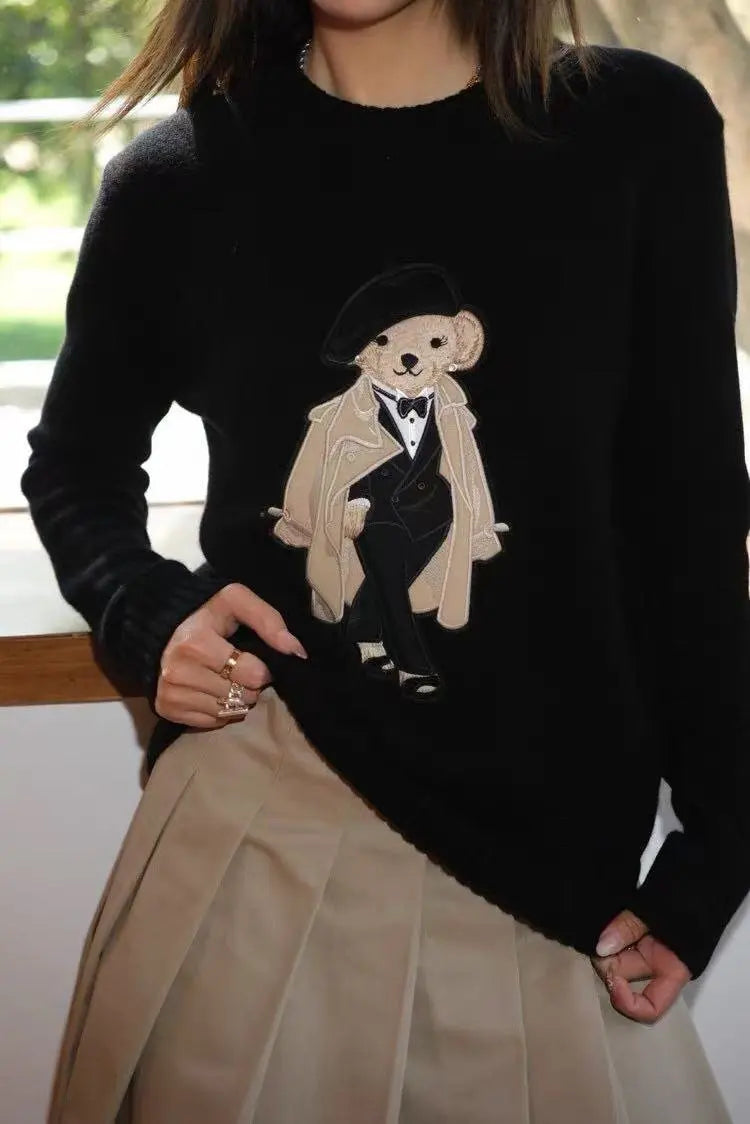 European Style Luxury Brand Loose O-Neck Bear Pullover Tops Knitwear Woman Long Sleeve T-shirt Ladies Wool Knitted Sweater Tops