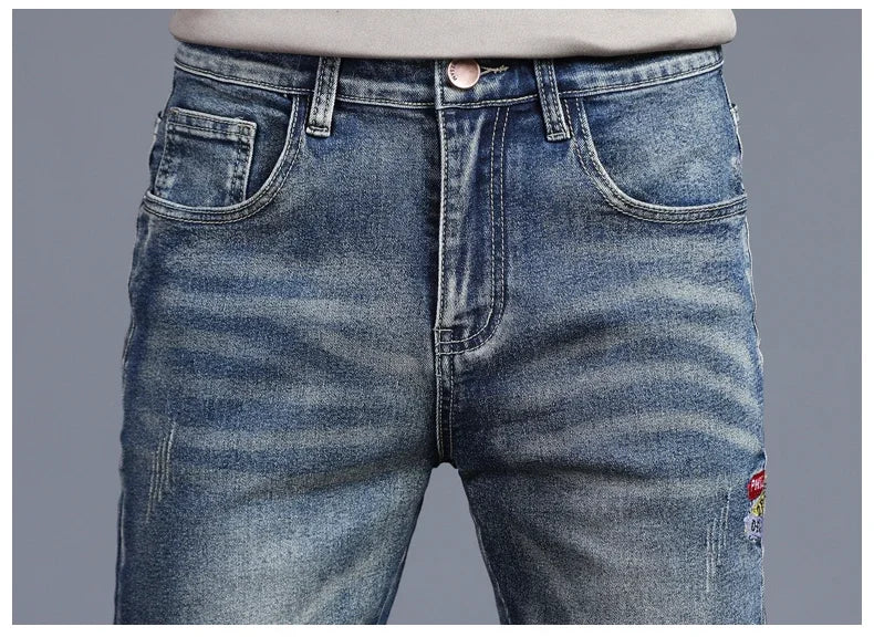 Men's Vintage Jeans Korean Fashion Slim Little Feet Embroidered Trousers Stretch Male Streetwear Denim Pants