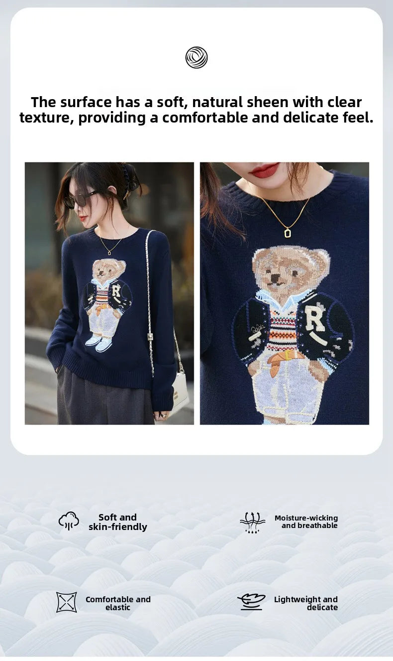 Thickened Woolen Knitted Sweater round Neck Embroidery Cartoon Bear Women's Base Shirt Autumn Winter New Style Premium Spun Wool