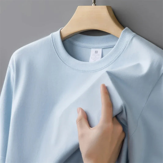 Men Short Sleeve   Oversized Thick Round Neck T-shirt Summer Short Sleeved T-shirt Pure Cotton Solid Color Top Casual Versatile T-shirt