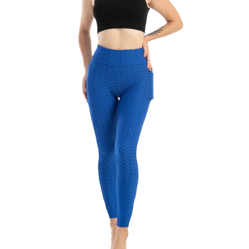 Leggings Women Fashion Pocket Bubble Pants Stretchy Slim Leggings Gym Running Cycling Fitness Pants High Waist Hip Lift Leggings Female