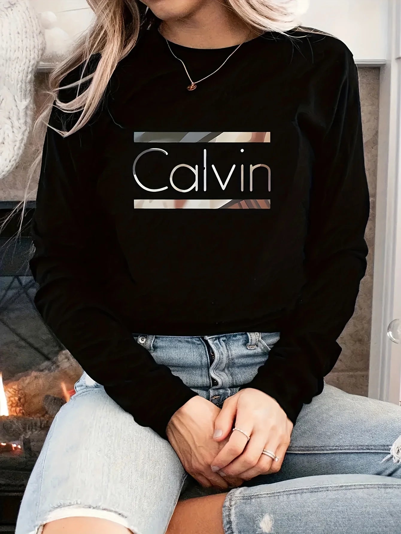 Faith Print Crew Neck T shirt Casual Long Autumn winter top women's long sleeved T-shirt loose comfortable black  white