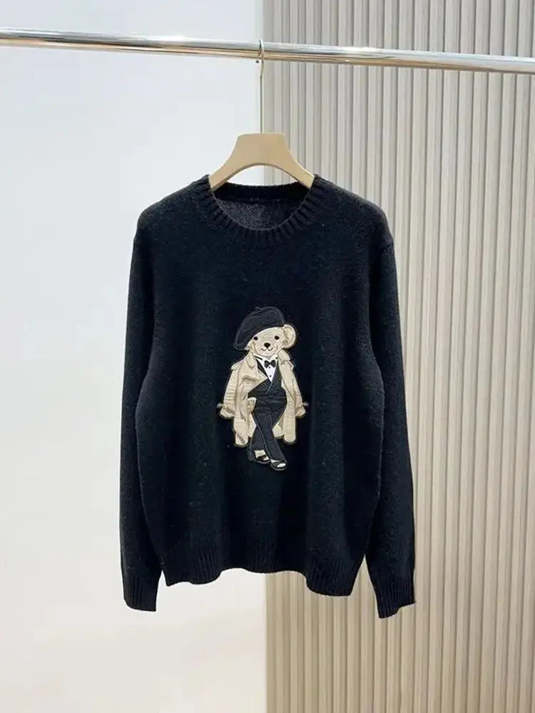 High Street Luxury French Ladies Embroidery Bear Knitted Pullover Sweater For Women Fashion Casual Knitwear Tops Pull Femme