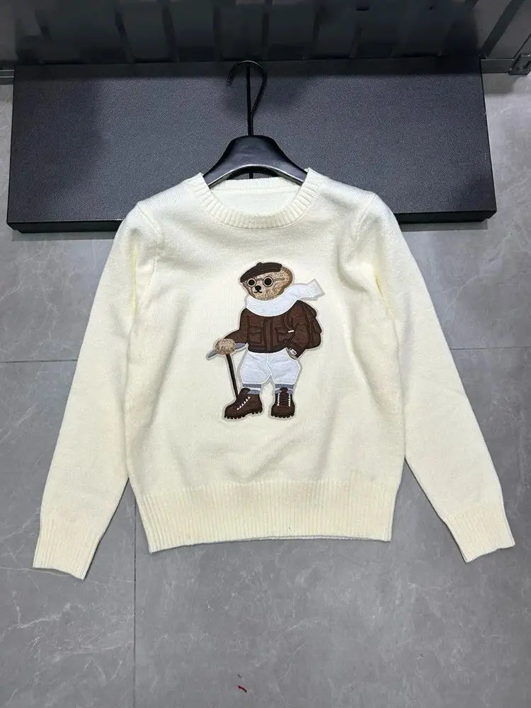 High Quality French Vintage Luxury Bear Jacquard Sweater For Women Autumn New Fashion Korean Casual Loose Pullover Knitted Tops