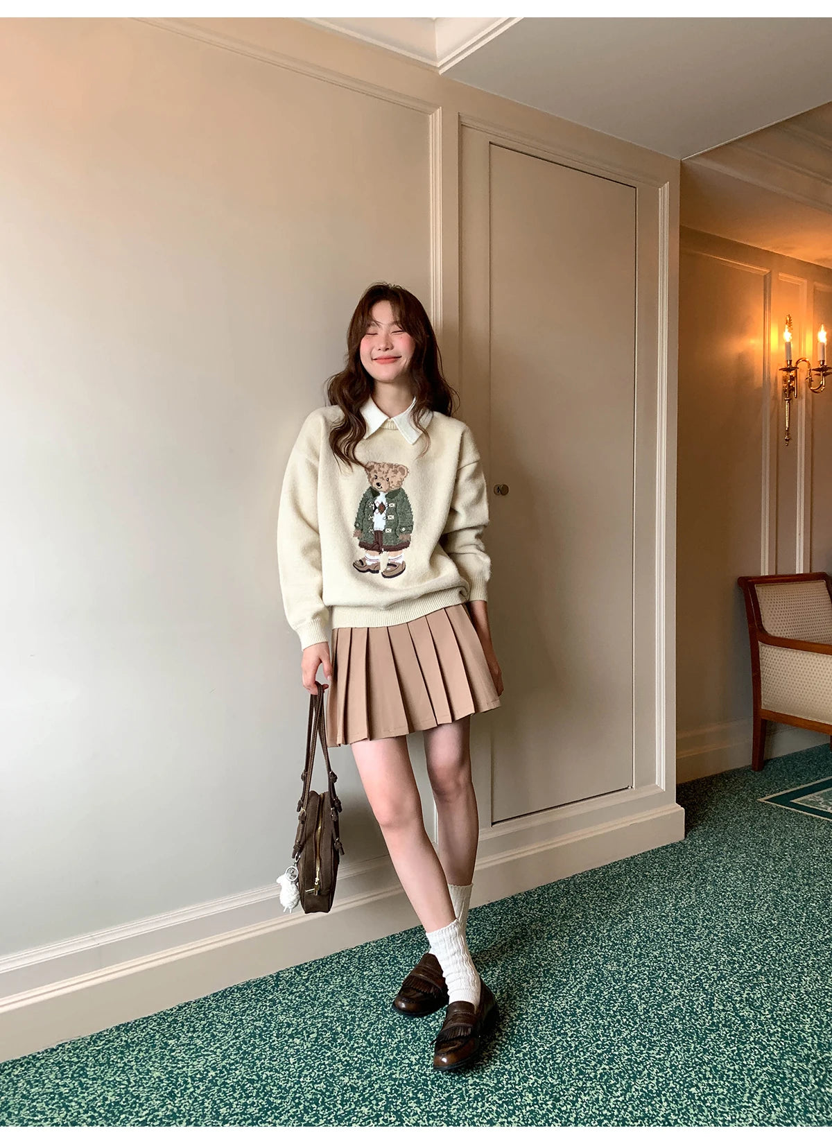 High Quality French Vintage Luxury Bear Jacquard Sweater For Women Autumn New Fashion Korean Casual Loose Pullover Knitted Tops