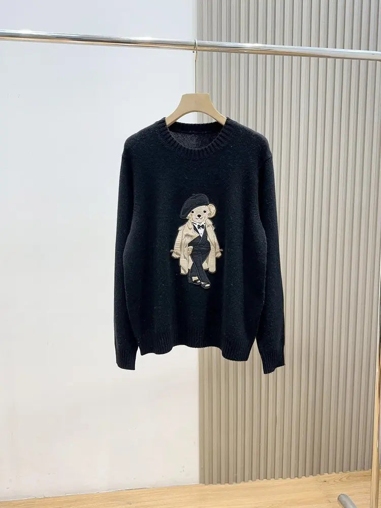 European Style Luxury Brand Loose O-Neck Bear Pullover Tops Knitwear Woman Long Sleeve T-shirt Ladies Wool Knitted Sweater Tops