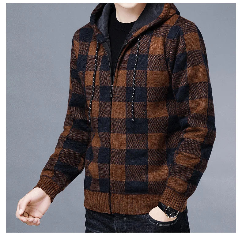 Sweater Jacket Fashion Winter Coat Fleece Hoodies High Quality Luxury Checkered Hooded Knit Cardigan Male Outer Wear