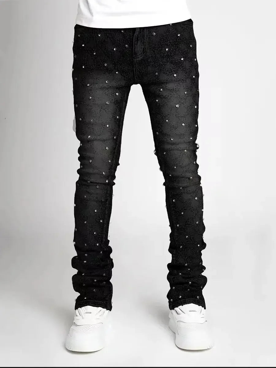 Men and women Harajuku Gothic retro rhinestone retro blue loose jeans pants high waisted wide leg pants