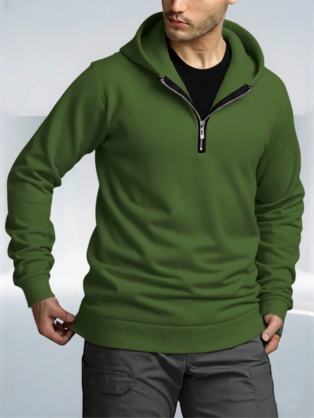 Men's Quarter Zip Up Hoodies Autumn Warm Long Sleeve Sweatshirt Fashion Street Casual Pullover Solid Color Basic Men Clothing