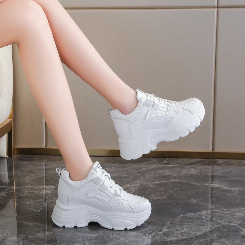 Women Sneakers Lace-Up Thick Bottom Vulcanize Shoes Woman Pu Leather Breathable Sports Shoes Ladies