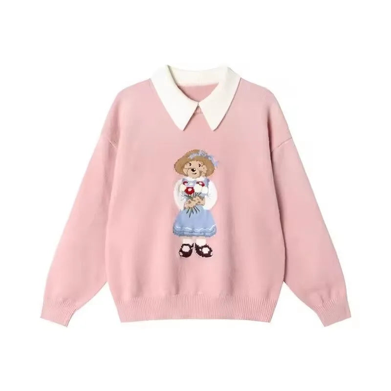 European Style Luxury Loose O-Neck Bear Pullover Women Autumn Winter Fashion Womens Tops Casual Ladies Knitted T-shirt Sweater