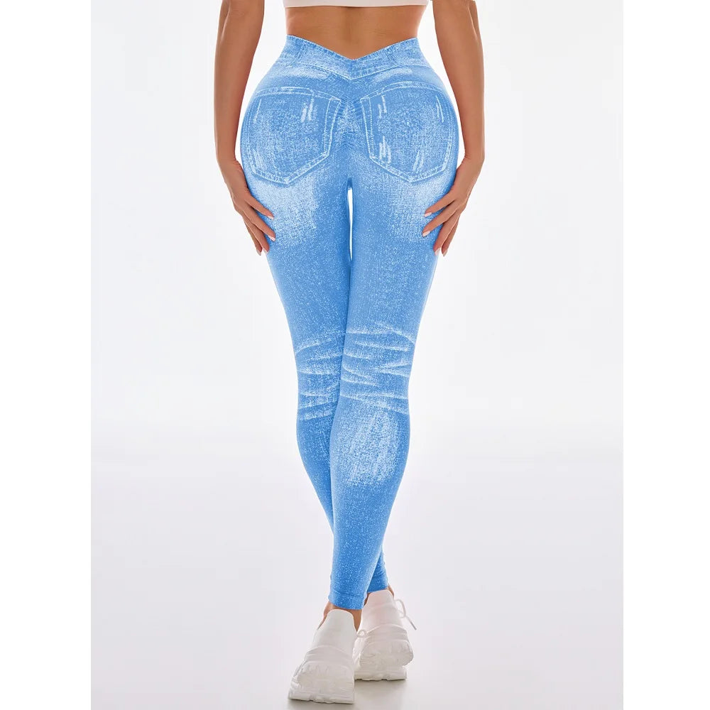  Women Sport Yoga Leggings Faux Jeans Skinny Tight Seamless Fitness Outerdoor Pants