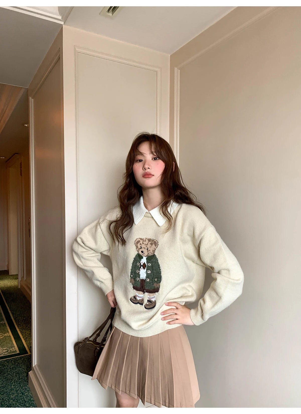 High Quality French Vintage Luxury Bear Jacquard Sweater For Women Autumn New Fashion Korean Casual Loose Pullover Knitted Tops