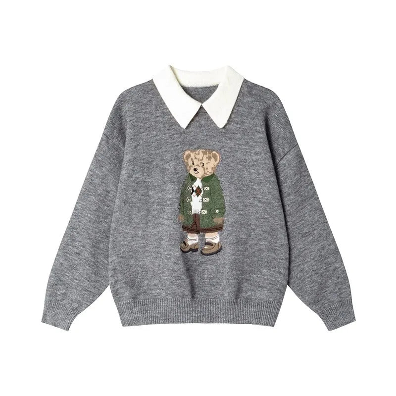 High Quality French Vintage Luxury Bear Jacquard Sweater For Women Autumn New Fashion Korean Casual Loose Pullover Knitted Tops
