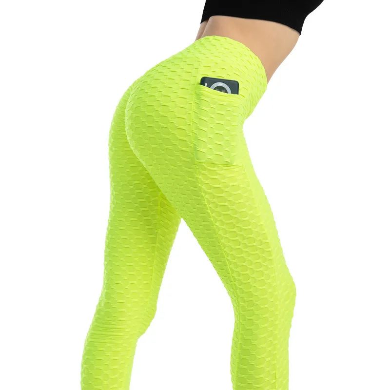 Leggings Women Fashion Pocket Bubble Pants Stretchy Slim Leggings Gym Running Cycling Fitness Pants High Waist Hip Lift Leggings Female