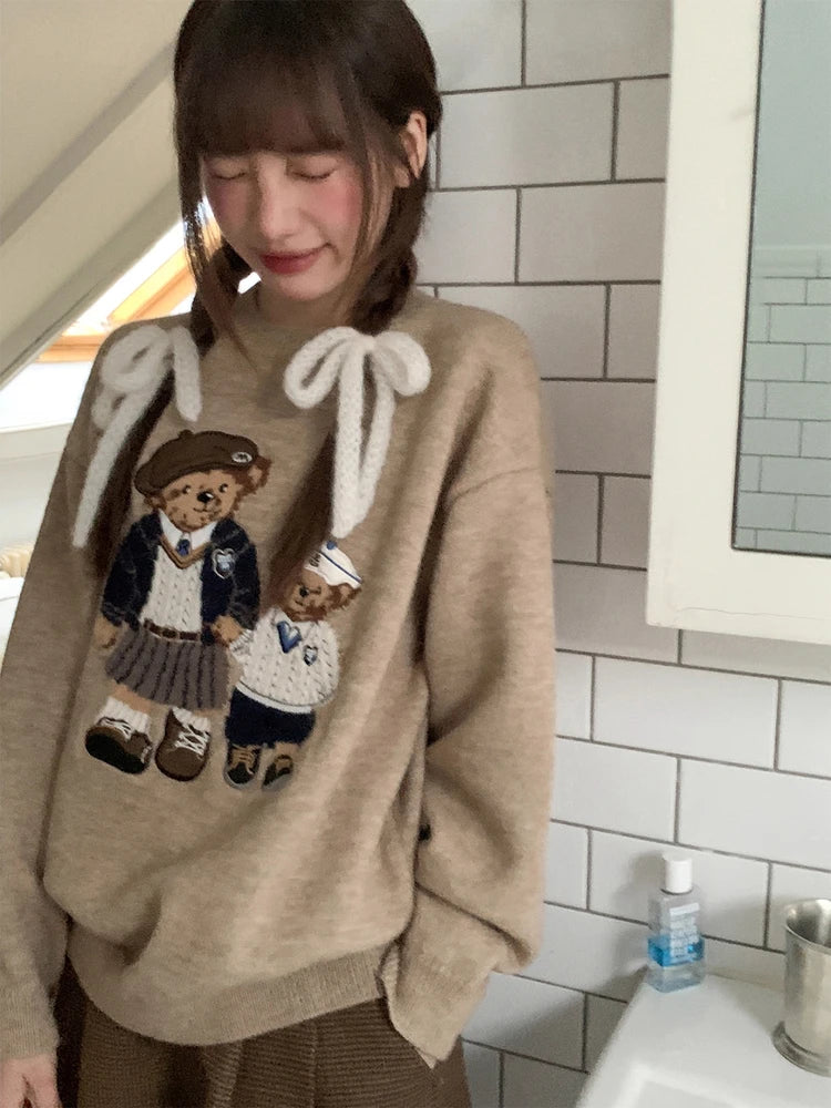 Korean Style Autumn Fashion College Wind Twist Bear Embroidery Knitted Sweater Women's Soft Cozy Overhead Sweater Long Sleeve...