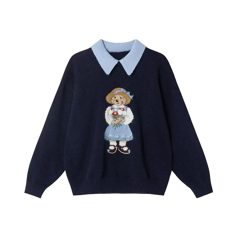 European Style Luxury Loose O-Neck Bear Pullover Women Autumn Winter Fashion Womens Tops Casual Ladies Knitted T-shirt Sweater