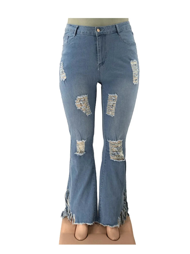 Pus Size  Ladies Jeans High Waist Woman Tassel Vintage Jeans Ripped Plus Size Fashion Elegant Flared Jeans Wholesale Dropshipping