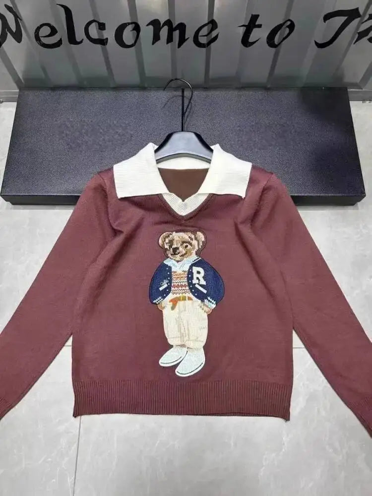 High Quality French Knitted Sweater Women Bear Cartoon Embroidery Long Sleeve Pullover Tops Jumper Korean Fashion Ladies Clothes