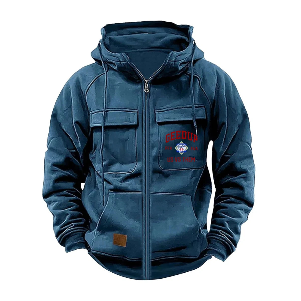 JUMPER Solid-Color Zipper Pullover Hooded Sweater Casual Loose Street-Style Multi-Pocket Hooded Sports Coat