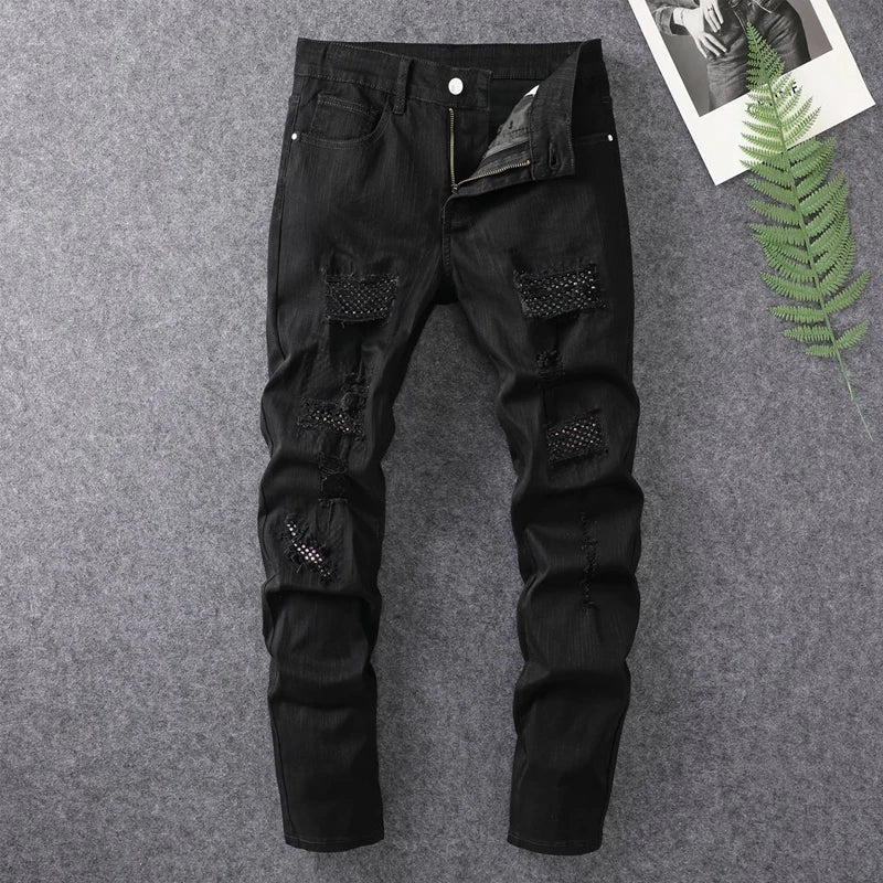 men's white distressed hot drilling jeans slim fit stylish American high street trendy jeans