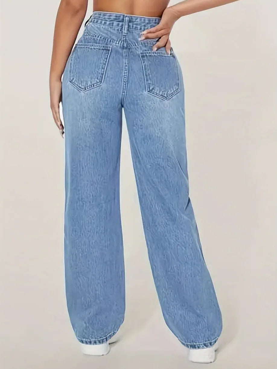 Washed Ripped Jeans, Women Four Seasons New Fashion Personality To Do Old Denim High Waist Straight Comfortable Wide Leg Pants