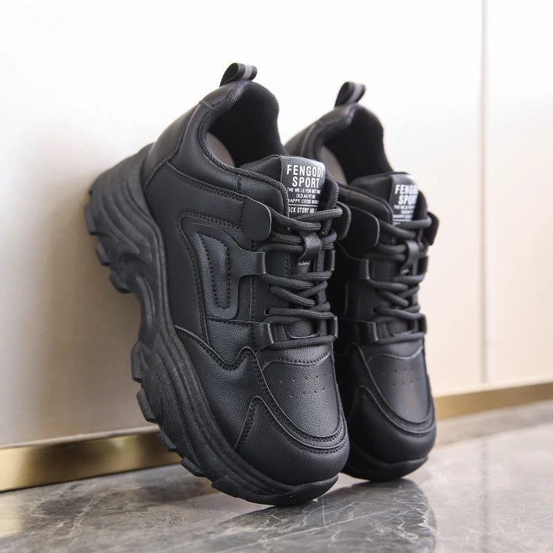 Women Sneakers Lace-Up Thick Bottom Vulcanize Shoes Woman Pu Leather Breathable Sports Shoes Ladies