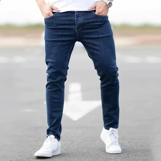 Mens Black Blue Pants Pure Color Stretch Jeans Street Casual Slim Fit Trousers Male Vintage Wash Skinny Jeans for Men